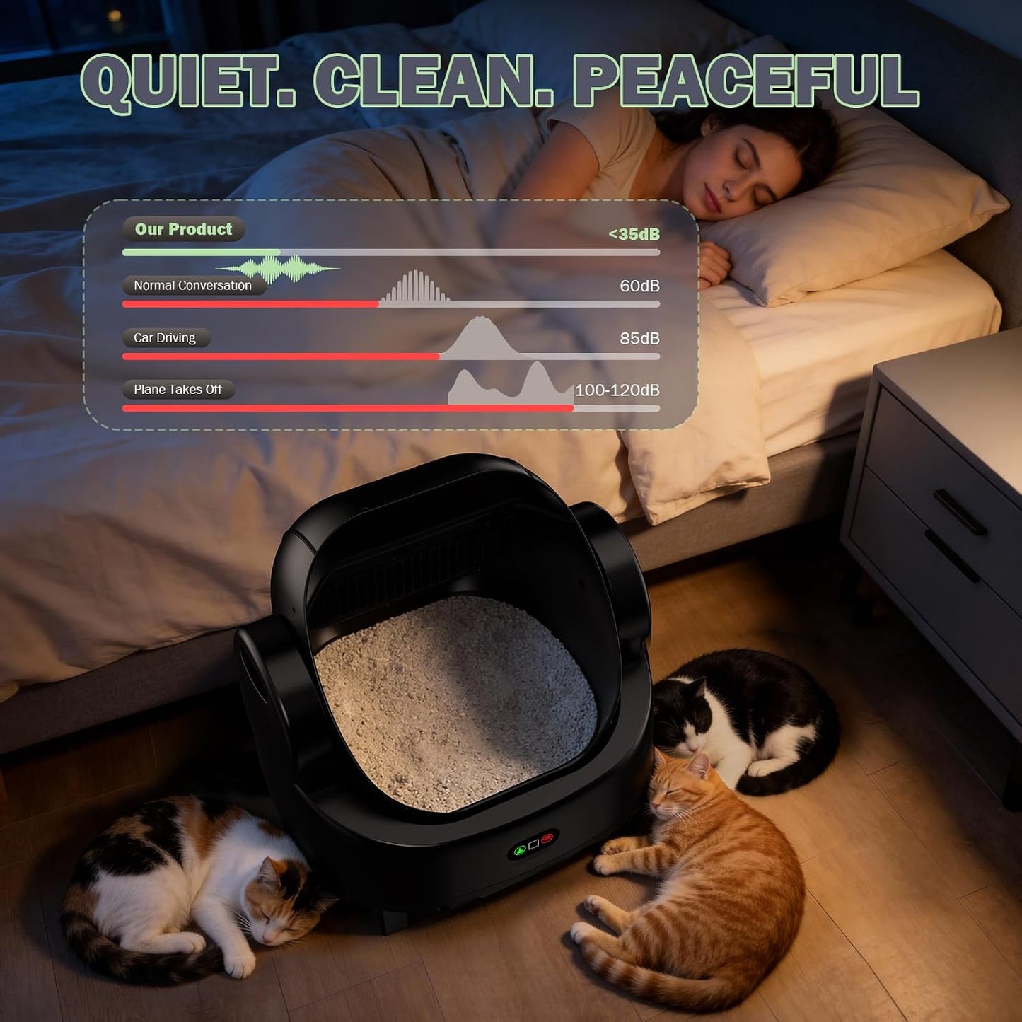 Self Cleaning Litter Box, Multiple Smart Safety Sensor, Open Top Automatic Litter Box, Large Capacity Multiple Cats, with APP Control/1 Trash Bag/1 Litter Mat, Cat Litter Box Automatic Cleaning