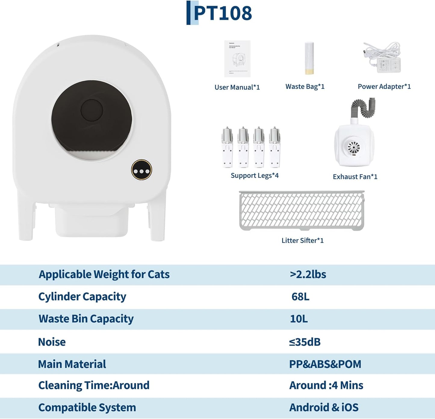 Self-Cleaning Cat Litter Box, Automatic Smart Pet Litter Box, Large Capacity for Multiple Cats, Wifi-Enabled App Control with Safety Sensors W/Garage Bags | Multiple Cats Available, Large Capacity, Wifi-Enabled App Control W/Safety Sensors W/ Garage Bags