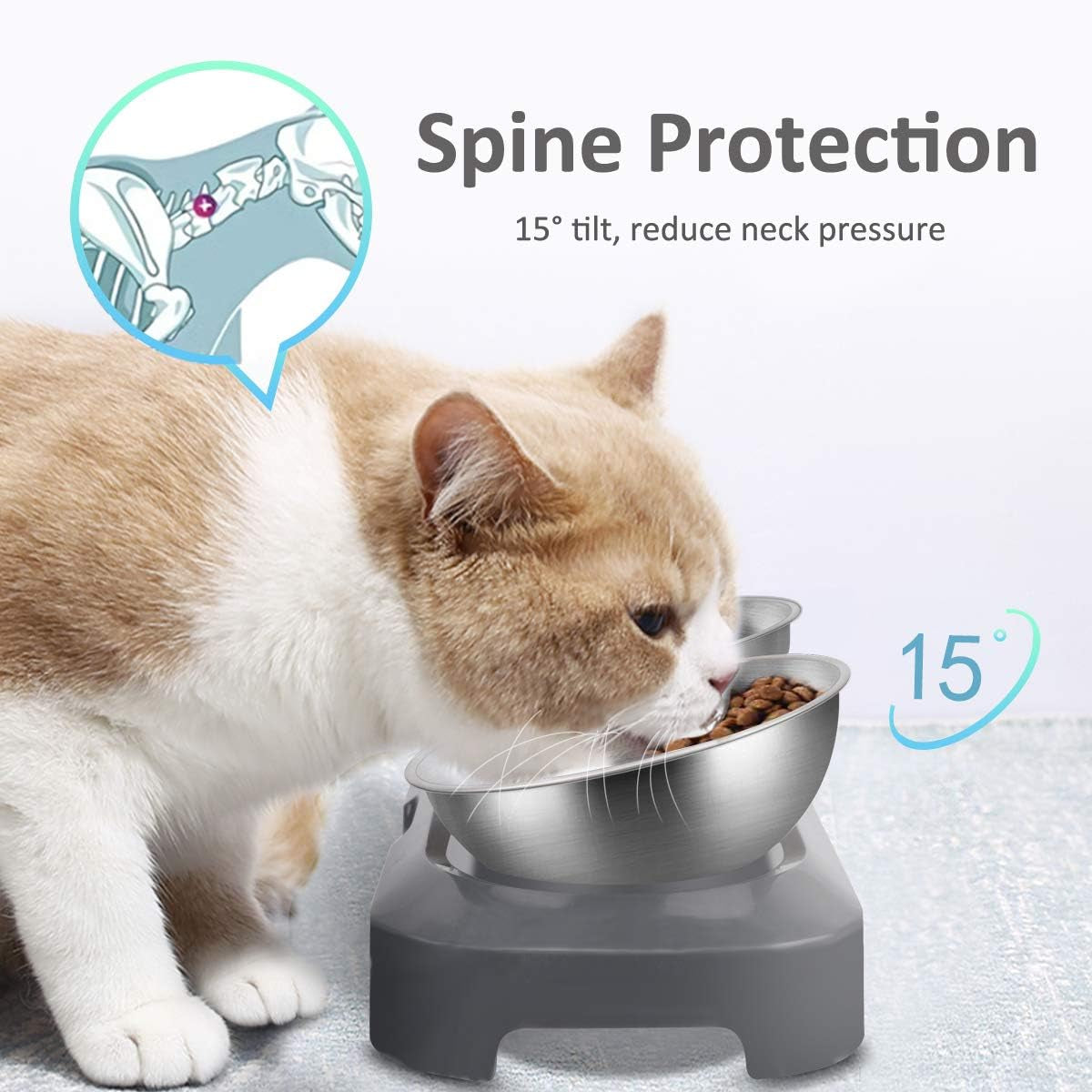 Raised Cat Food Bowl Stainless Steel 15 Degree Tilt (Double) | Food-Grade & Durable, Ergonomic Design, Elevated with Stand, Adjustable Degree, for Dry Wet Food Water, Ideal for Small Pets