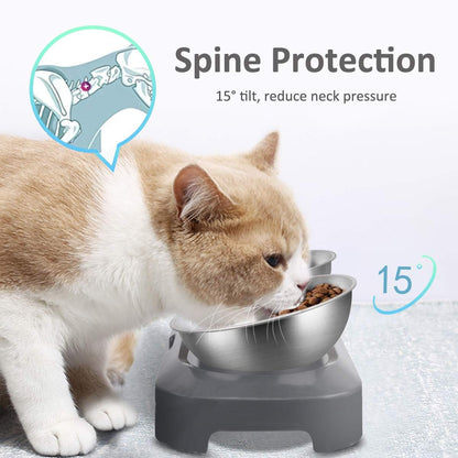 Raised Cat Food Bowl Stainless Steel 15 Degree Tilt (Double) | Food-Grade & Durable, Ergonomic Design, Elevated with Stand, Adjustable Degree, for Dry Wet Food Water, Ideal for Small Pets