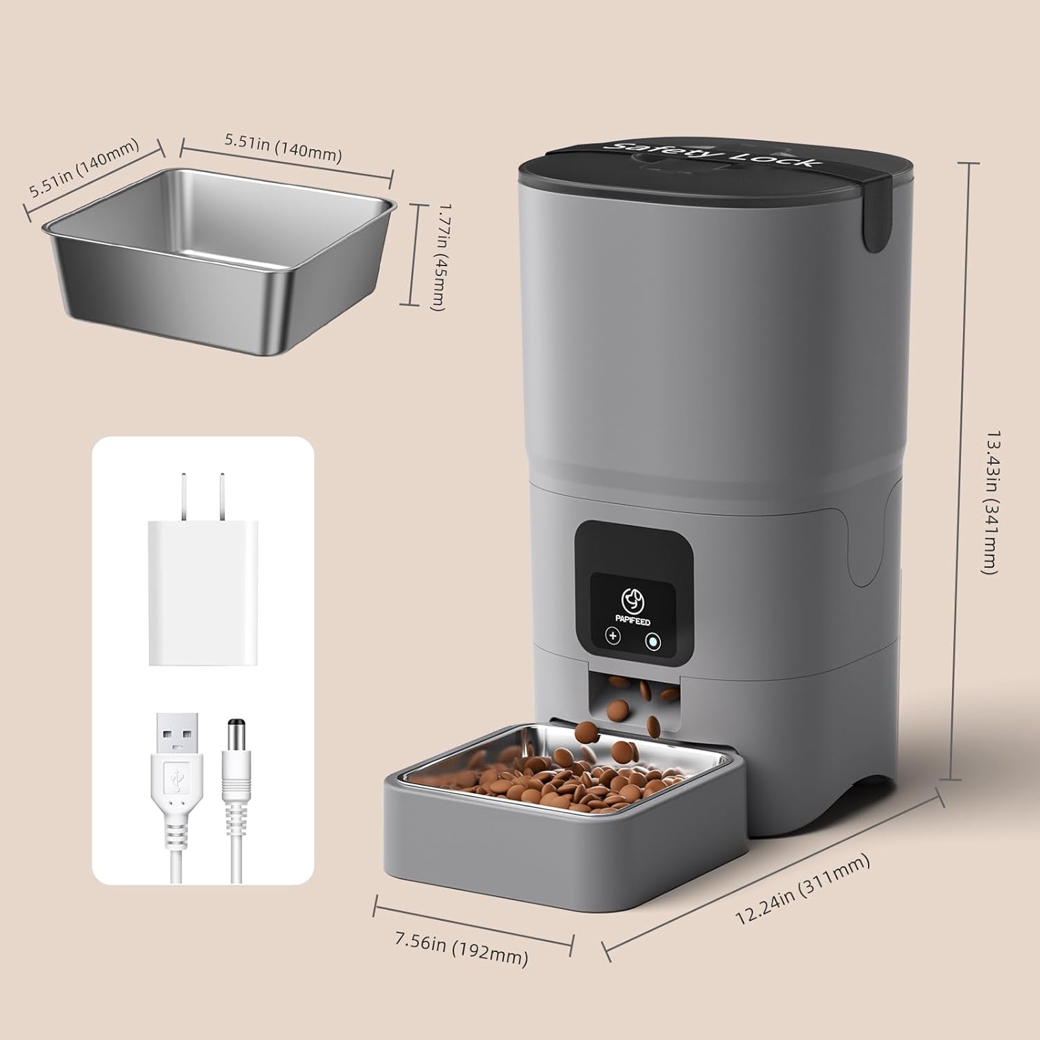 Automatic Cat Feeder with App, 2.4G Wifi Cat Food Dispenser, 6L Timed Cat Feeders for Dry Food, 10 Meals/Day, 12 Portions/Meal, Dual Power Supply Smart Pet Feeder for Small Dog, Grey