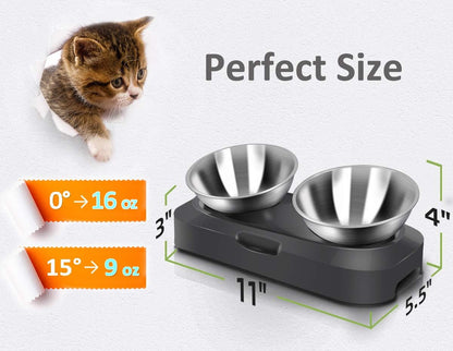 Raised Cat Food Bowl Stainless Steel 15 Degree Tilt (Double) | Food-Grade & Durable, Ergonomic Design, Elevated with Stand, Adjustable Degree, for Dry Wet Food Water, Ideal for Small Pets