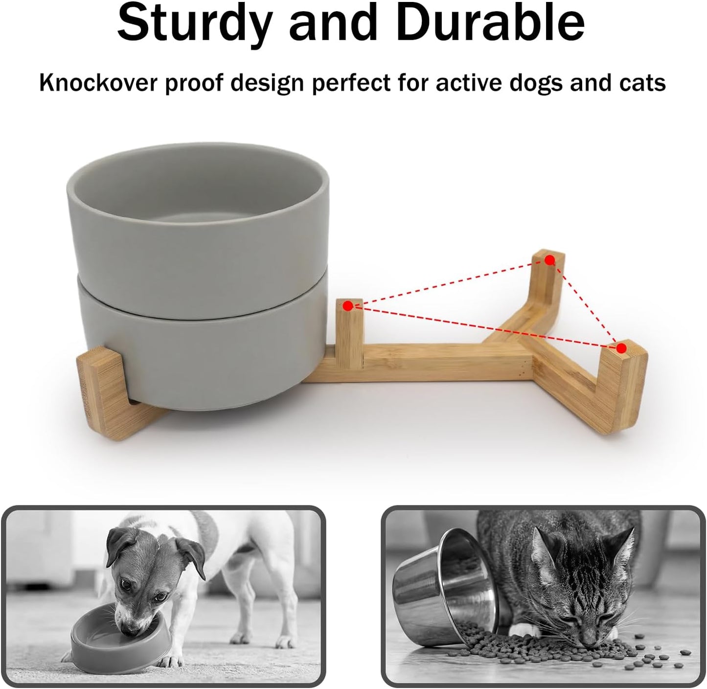Ceramic Dog and Cat Bowls with Stand, 2-Pack Food and Water Bowl Set - Non-Slip Pet Bowls for Cats,Puppies and Small Dogs, 13.5Oz（Grey）