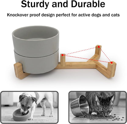 Ceramic Dog and Cat Bowls with Stand, 2-Pack Food and Water Bowl Set - Non-Slip Pet Bowls for Cats,Puppies and Small Dogs, 13.5Oz（Grey）