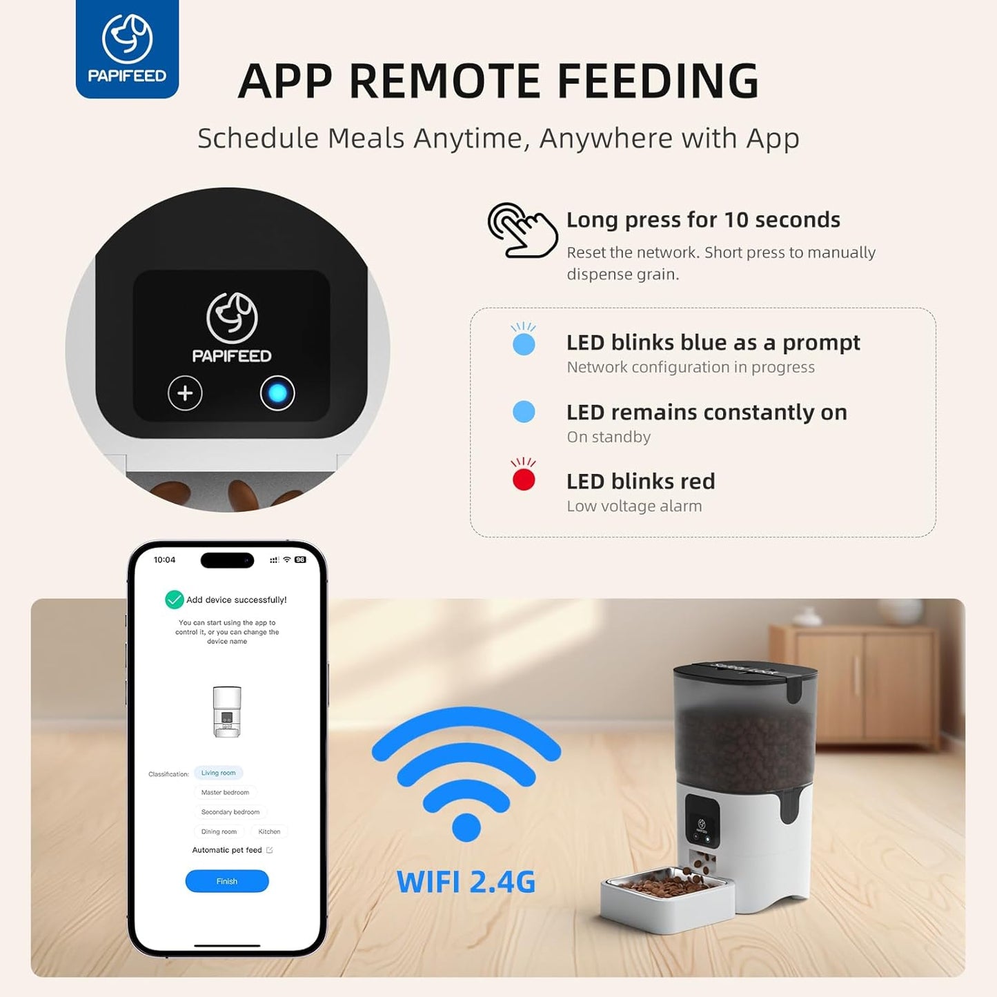 Automatic Cat Feeder with App, 2.4G Wifi Cat Food Dispenser, 6L Timed Cat Feeder for Dry Food, 10 Meals/Day, 12 Portions/Meal, Dual Power Supply Smart Pet Feeder for Dog, White