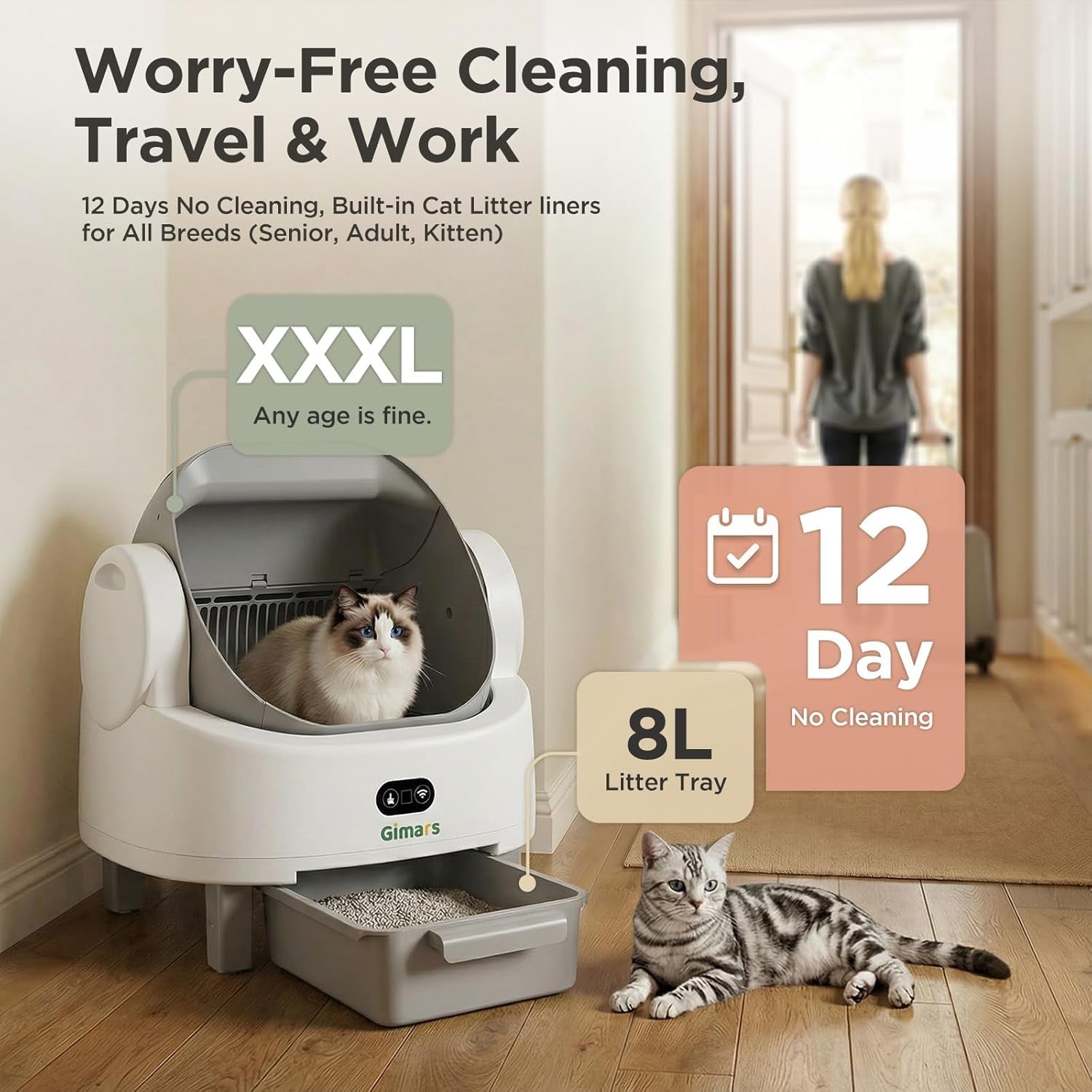Open Top Design Self Cleaning Litter Box, Automatic Cat Litter Box for Multiple Cats & Senior Cats, App Control with Safety Sensors, Low Odor, Includes Trash Bags & Litter Mat