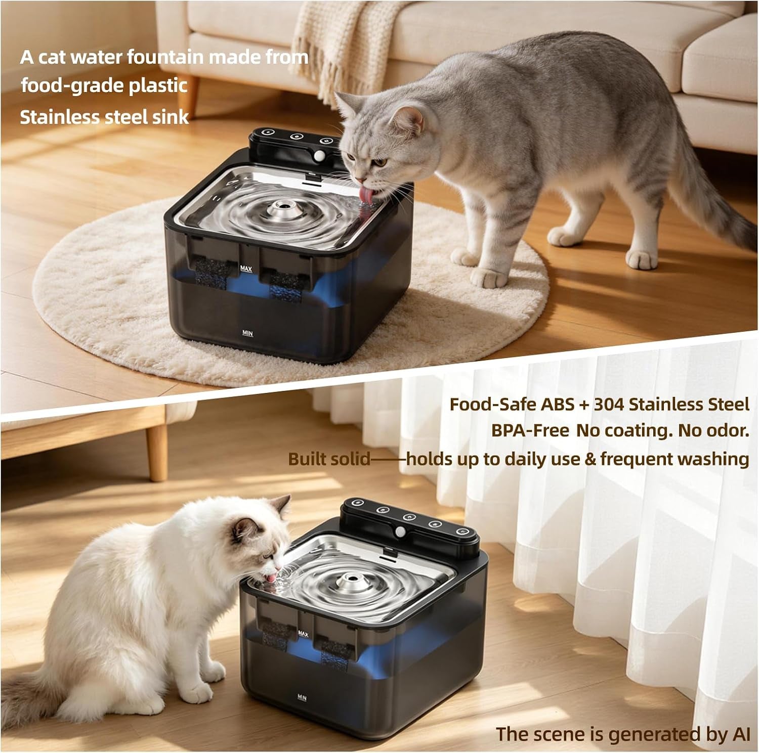 Wireless Cat Water Fountain Battery Operated,108/3.2L Large Capacity | 3 Filters Packs|4 Modes|Stainless Steel Trays|Bpa Free|For Cats,Dogs|Indoor|Semi-Transparent Water Tank|4000Mah|Cubic Design|