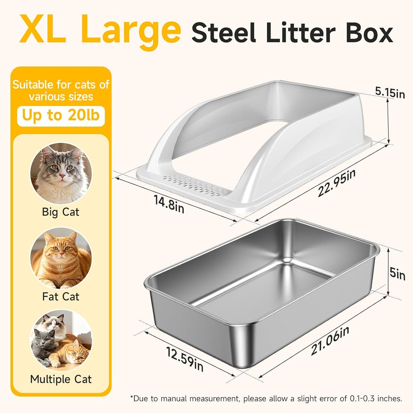 XL Open Top Stainless Steel Litter Box with High Sides,Light Gray