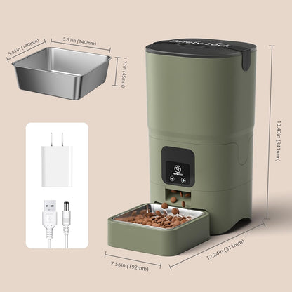 Automatic Cat Feeder with App, 2.4G Wifi Cat Food Dispenser, 6L Timed Cat Feeders for Dry Food, 10 Meals/Day, 12 Portions/Meal, Dual Power Supply Smart Pet Feeder for Small Dog, Army Green