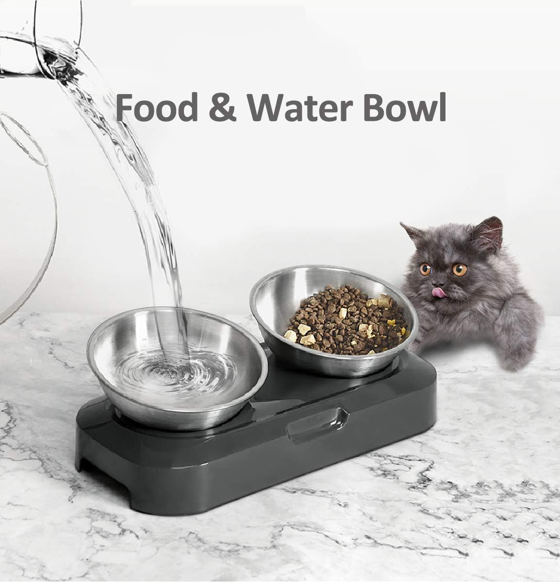 Raised Cat Food Bowl Stainless Steel 15 Degree Tilt (Double) | Food-Grade & Durable, Ergonomic Design, Elevated with Stand, Adjustable Degree, for Dry Wet Food Water, Ideal for Small Pets