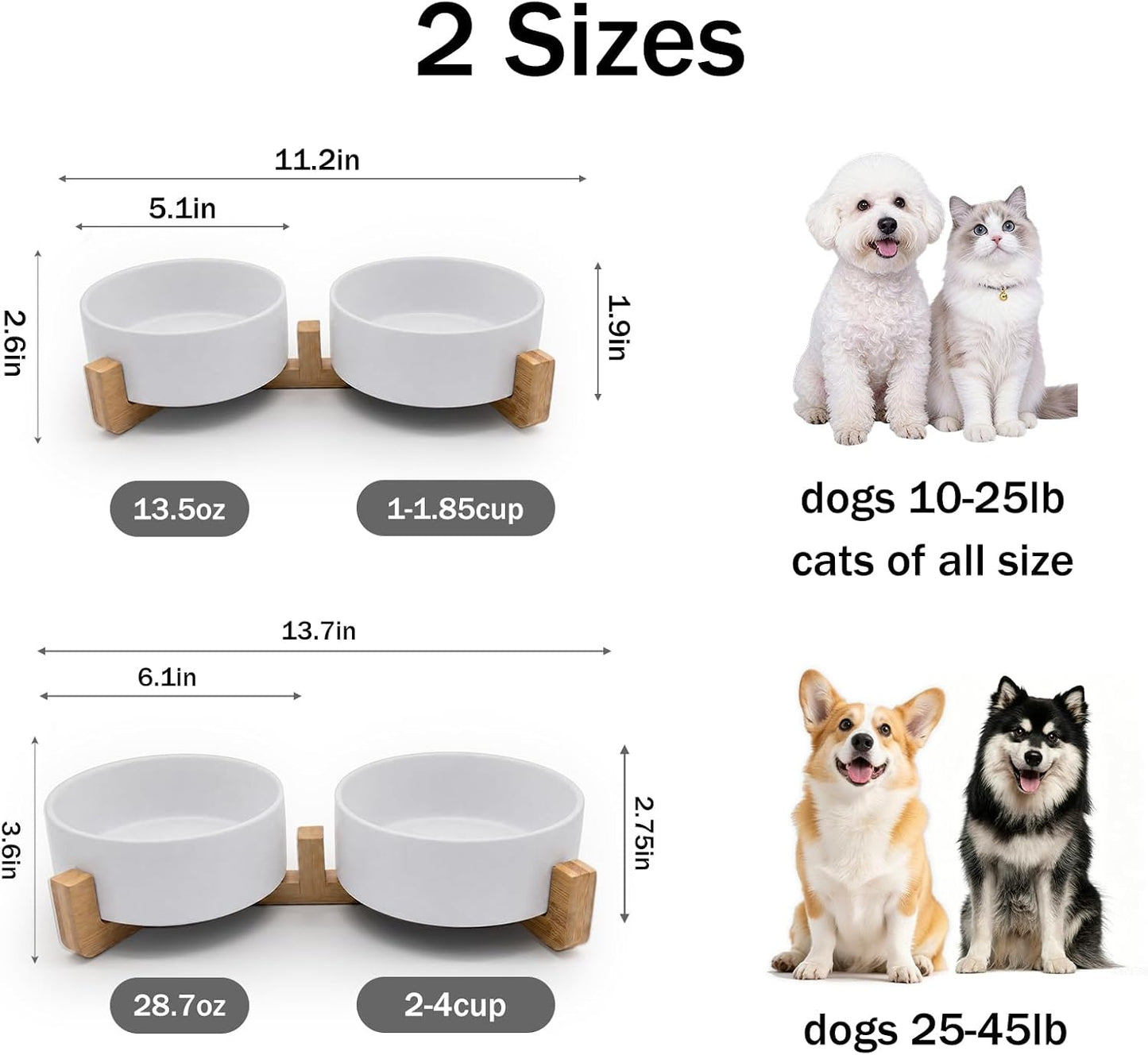 Ceramic Dog and Cat Bowls with Stand, 2-Pack Food and Water Bowl Set - Non-Slip Pet Bowls for Cats,Puppies and Small Dogs, 13.5Oz（White）