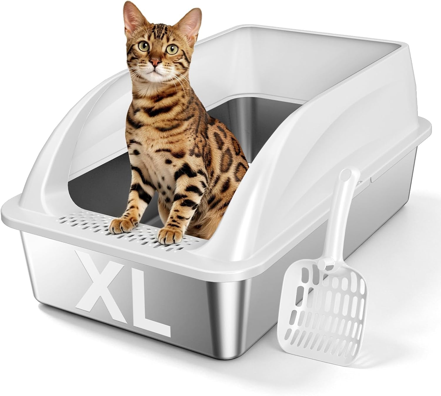 XL Open Top Stainless Steel Litter Box with High Sides,Light Gray