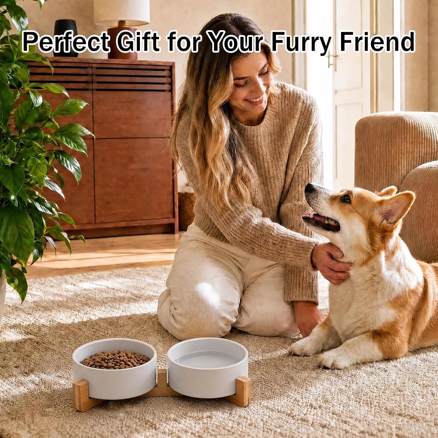 Ceramic Dog and Cat Bowls with Stand, 2-Pack Food and Water Bowl Set - Non-Slip Pet Bowls for Cats,Puppies and Small Dogs, 13.5Oz（White）