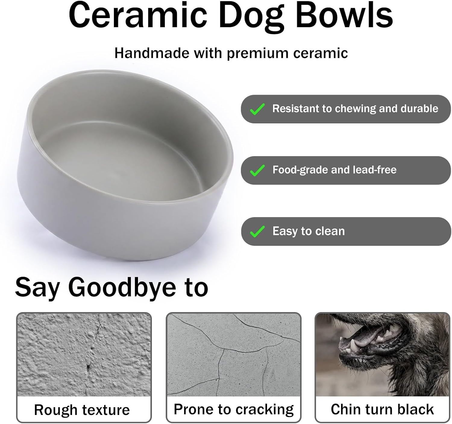 Ceramic Dog and Cat Bowls with Stand, 2-Pack Food and Water Bowl Set - Non-Slip Pet Bowls for Cats,Puppies and Small Dogs, 13.5Oz（Grey）