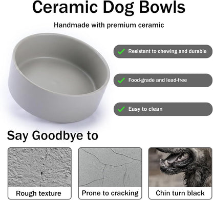 Ceramic Dog and Cat Bowls with Stand, 2-Pack Food and Water Bowl Set - Non-Slip Pet Bowls for Cats,Puppies and Small Dogs, 13.5Oz（Grey）