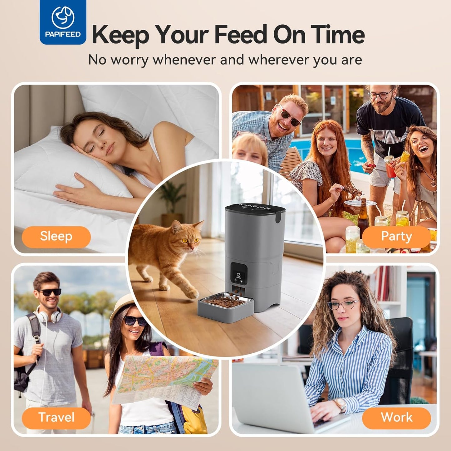 Automatic Cat Feeder with App, 2.4G Wifi Cat Food Dispenser, 6L Timed Cat Feeders for Dry Food, 10 Meals/Day, 12 Portions/Meal, Dual Power Supply Smart Pet Feeder for Small Dog, Grey