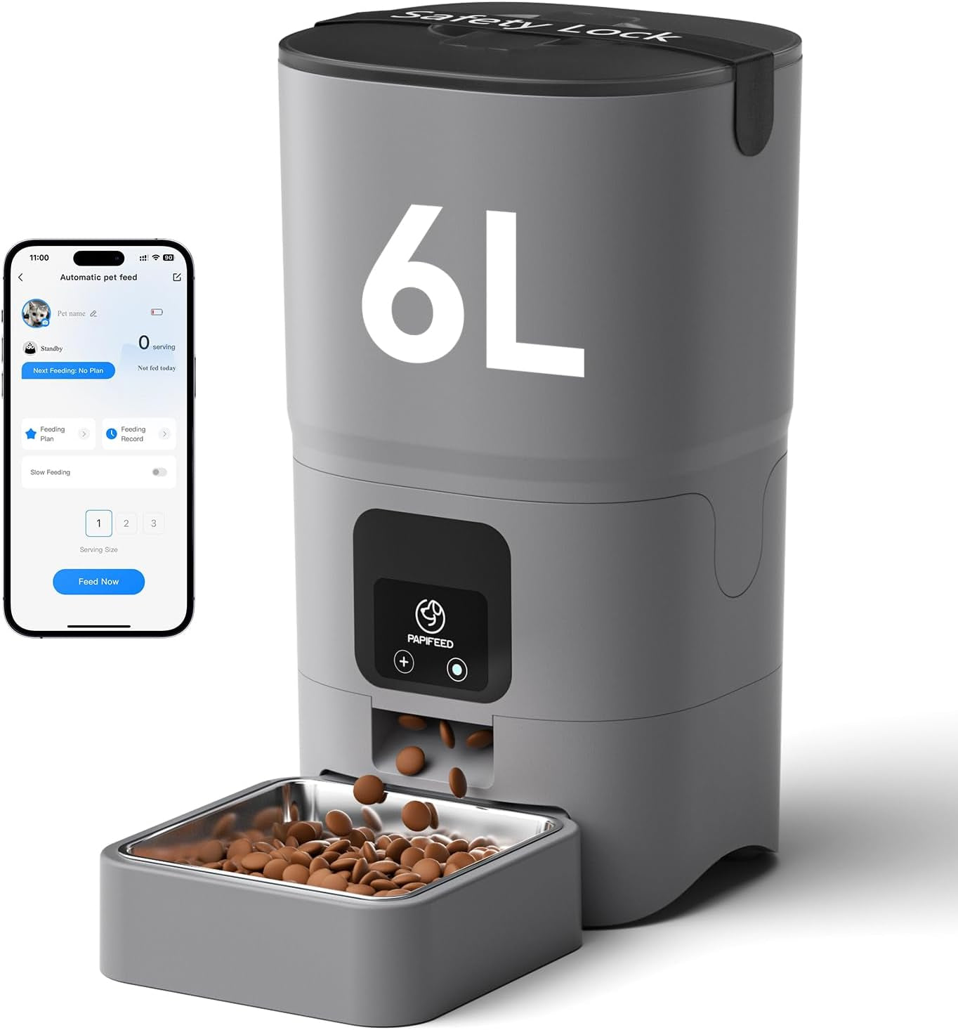 Automatic Cat Feeder with App, 2.4G Wifi Cat Food Dispenser, 6L Timed Cat Feeders for Dry Food, 10 Meals/Day, 12 Portions/Meal, Dual Power Supply Smart Pet Feeder for Small Dog, Grey