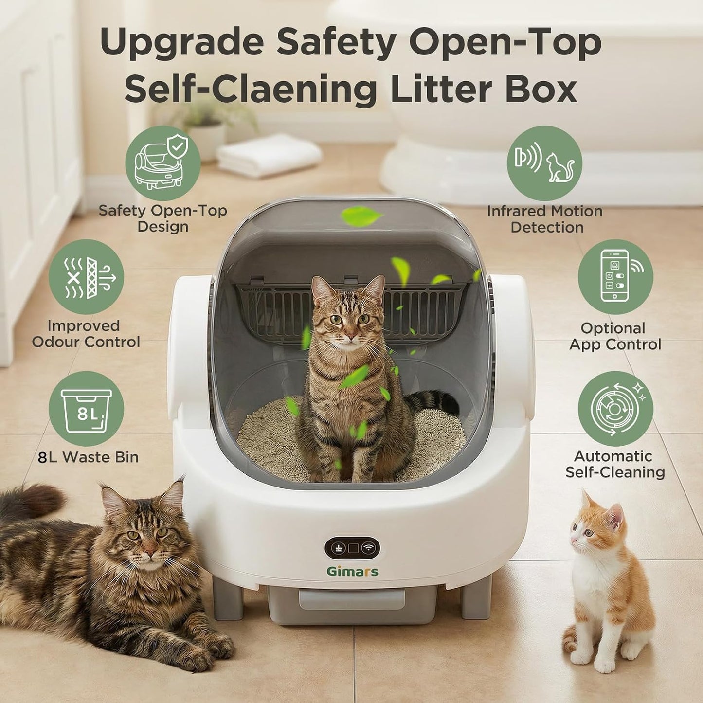 Open Top Design Self Cleaning Litter Box, Automatic Cat Litter Box for Multiple Cats & Senior Cats, App Control with Safety Sensors, Low Odor, Includes Trash Bags & Litter Mat