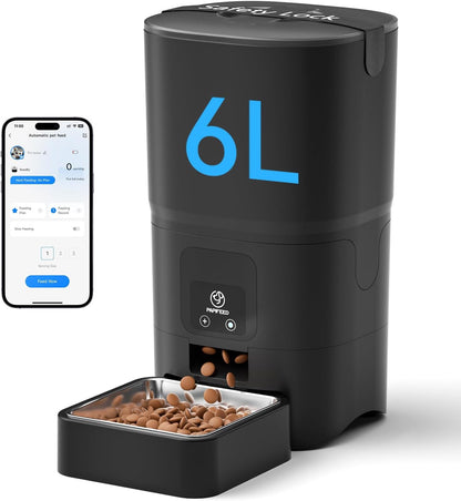 Automatic Cat Feeder with App, 2.4G Wifi Cat Food Dispenser, 6L Timed Cat Feeder for Dry Food, 10 Meals/Day, 12 Portions/Meal, Dual Power Supply Smart Pet Feeder for Small Dog, Black