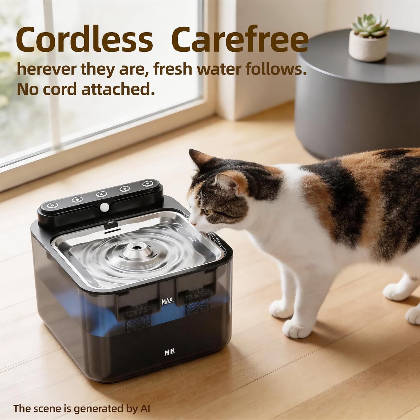 Wireless Cat Water Fountain Battery Operated,108/3.2L Large Capacity | 3 Filters Packs|4 Modes|Stainless Steel Trays|Bpa Free|For Cats,Dogs|Indoor|Semi-Transparent Water Tank|4000Mah|Cubic Design|