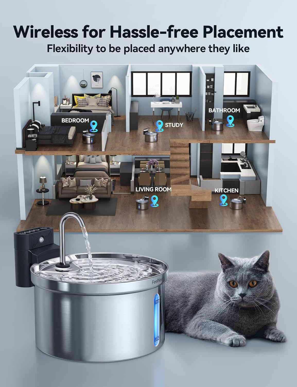 Wireless Cat Water Fountain [Water & Battery Separation]  Stainless Steel Automatic Pet Water Dispenser, 4000Mah Battery Operated Water Fountains for Cats Dogs - 3.5L/118Oz