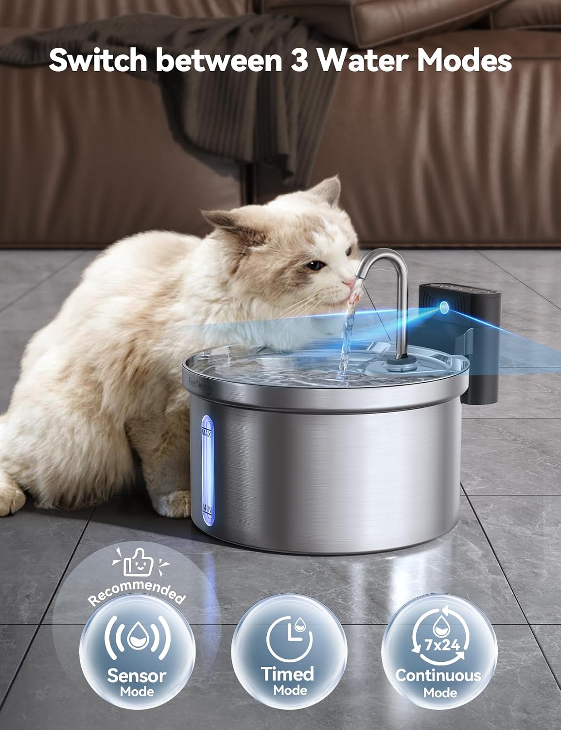 Wireless Cat Water Fountain [Water & Battery Separation]  Stainless Steel Automatic Pet Water Dispenser, 4000Mah Battery Operated Water Fountains for Cats Dogs - 3.5L/118Oz