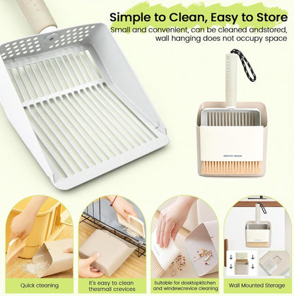 Metal Cat Litter Scooper with Holder, Stainless Steel Metal Litter Scoop Includes Portable Small Broom and Dustpan Set, Speed Sifter Cat Litter Scoop Captures All Clumps, Non-Slip Handle, Easy Clean