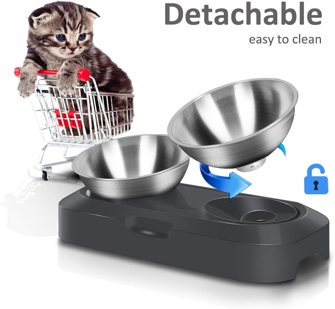 Raised Cat Food Bowl Stainless Steel 15 Degree Tilt (Double) | Food-Grade & Durable, Ergonomic Design, Elevated with Stand, Adjustable Degree, for Dry Wet Food Water, Ideal for Small Pets