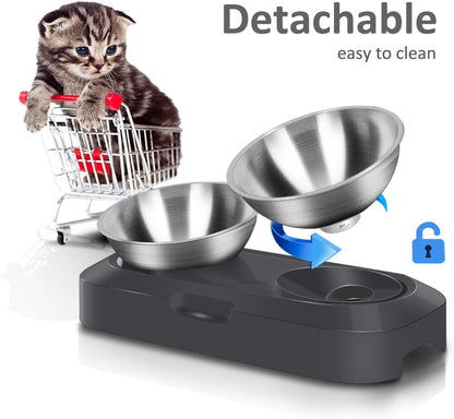 Raised Cat Food Bowl Stainless Steel 15 Degree Tilt (Double) | Food-Grade & Durable, Ergonomic Design, Elevated with Stand, Adjustable Degree, for Dry Wet Food Water, Ideal for Small Pets