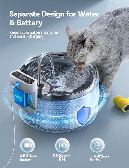 Wireless Cat Water Fountain [Water & Battery Separation]  Stainless Steel Automatic Pet Water Dispenser, 4000Mah Battery Operated Water Fountains for Cats Dogs - 3.5L/118Oz