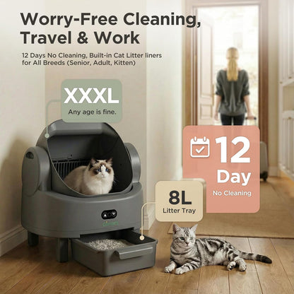 Open Top Design Self Cleaning Litter Box, Automatic Cat Litter Box for Multiple Cats & Senior Cats, App Control with Safety Sensors, Low Odor, Includes Trash Bags & Litter Mat