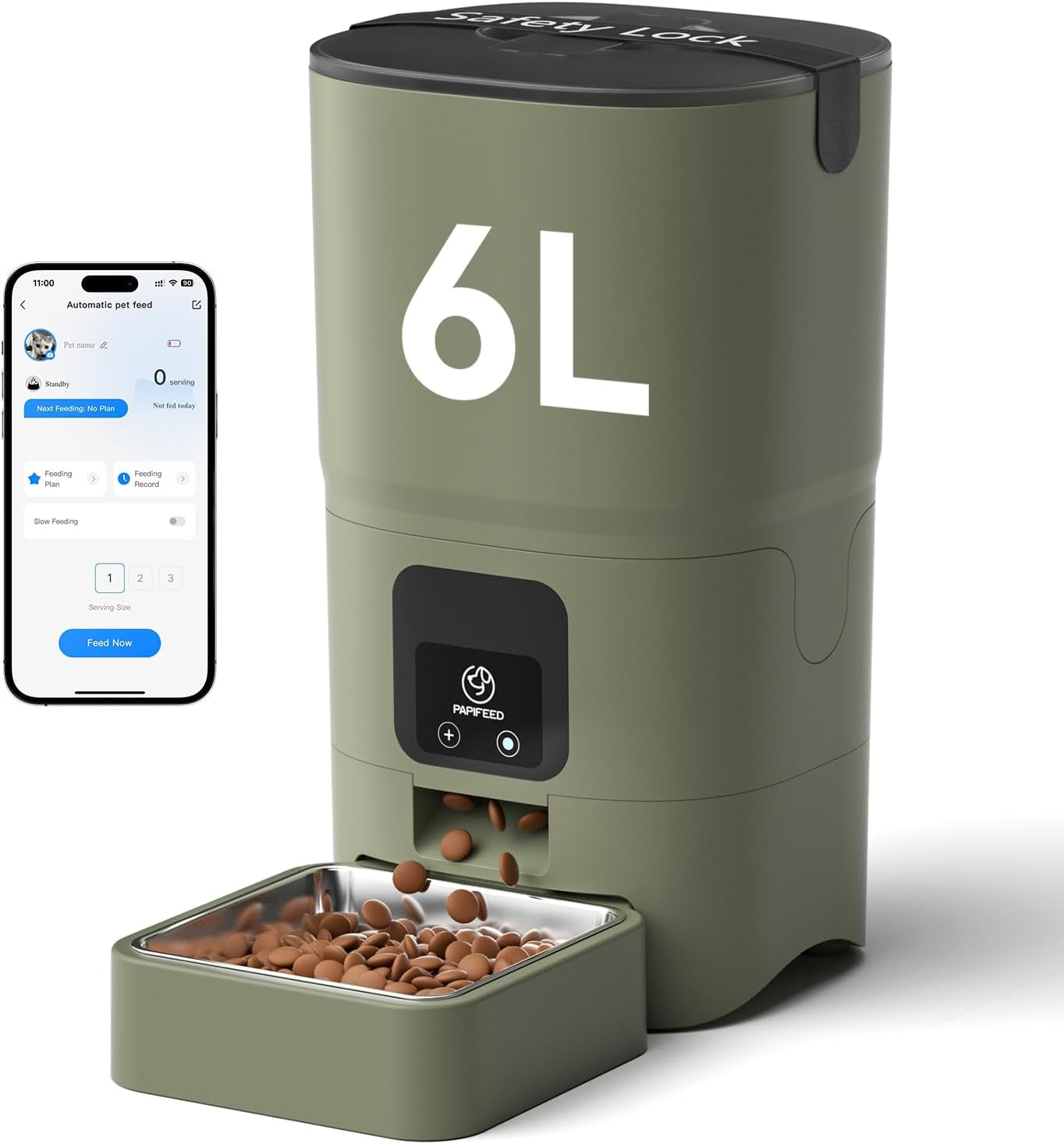 Automatic Cat Feeder with App, 2.4G Wifi Cat Food Dispenser, 6L Timed Cat Feeders for Dry Food, 10 Meals/Day, 12 Portions/Meal, Dual Power Supply Smart Pet Feeder for Small Dog, Army Green