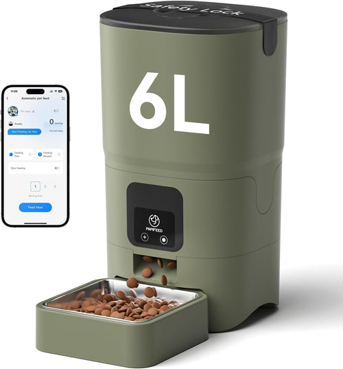 Automatic Cat Feeder with App, 2.4G Wifi Cat Food Dispenser, 6L Timed Cat Feeders for Dry Food, 10 Meals/Day, 12 Portions/Meal, Dual Power Supply Smart Pet Feeder for Small Dog, Army Green