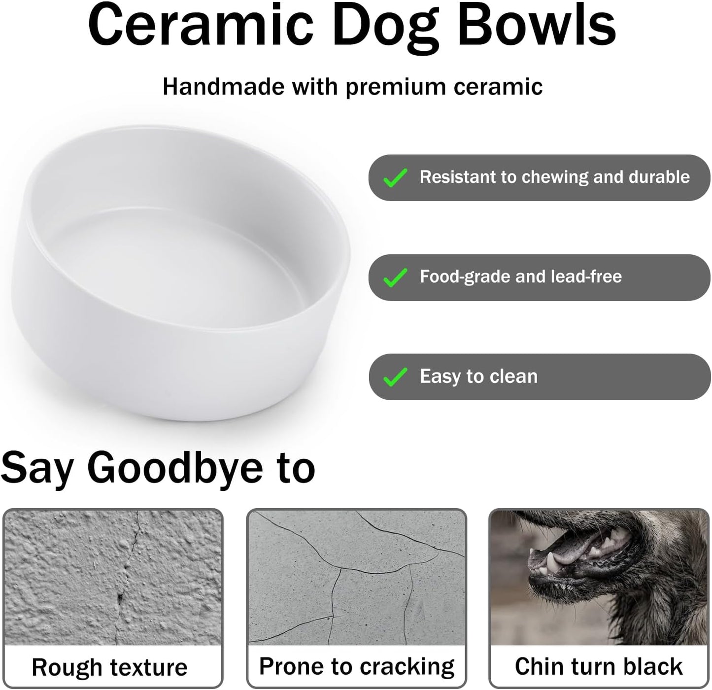 Ceramic Dog and Cat Bowls with Stand, 2-Pack Food and Water Bowl Set - Non-Slip Pet Bowls for Cats,Puppies and Small Dogs, 13.5Oz（White）