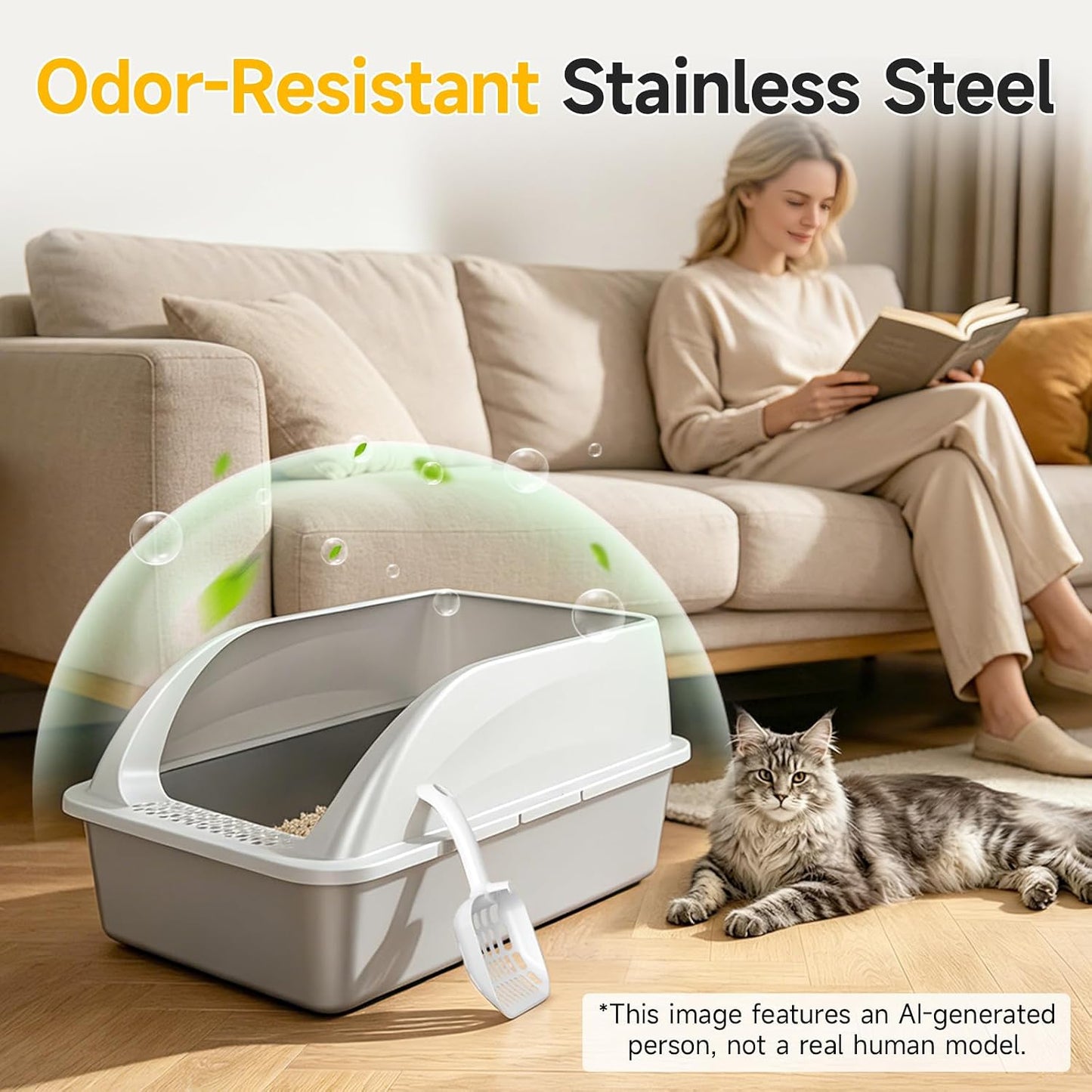 XL Open Top Stainless Steel Litter Box with High Sides,Light Gray