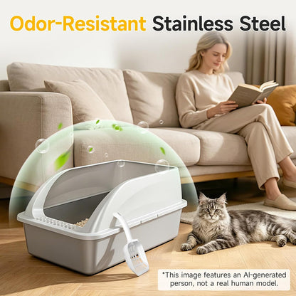XL Open Top Stainless Steel Litter Box with High Sides,Light Gray