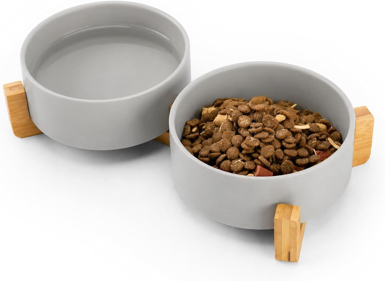 Ceramic Dog and Cat Bowls with Stand, 2-Pack Food and Water Bowl Set - Non-Slip Pet Bowls for Cats,Puppies and Small Dogs, 13.5Oz（Grey）