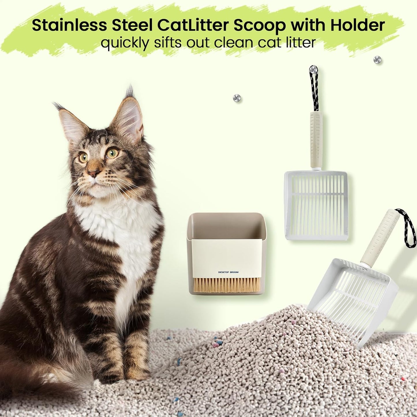 Metal Cat Litter Scooper with Holder, Stainless Steel Metal Litter Scoop Includes Portable Small Broom and Dustpan Set, Speed Sifter Cat Litter Scoop Captures All Clumps, Non-Slip Handle, Easy Clean