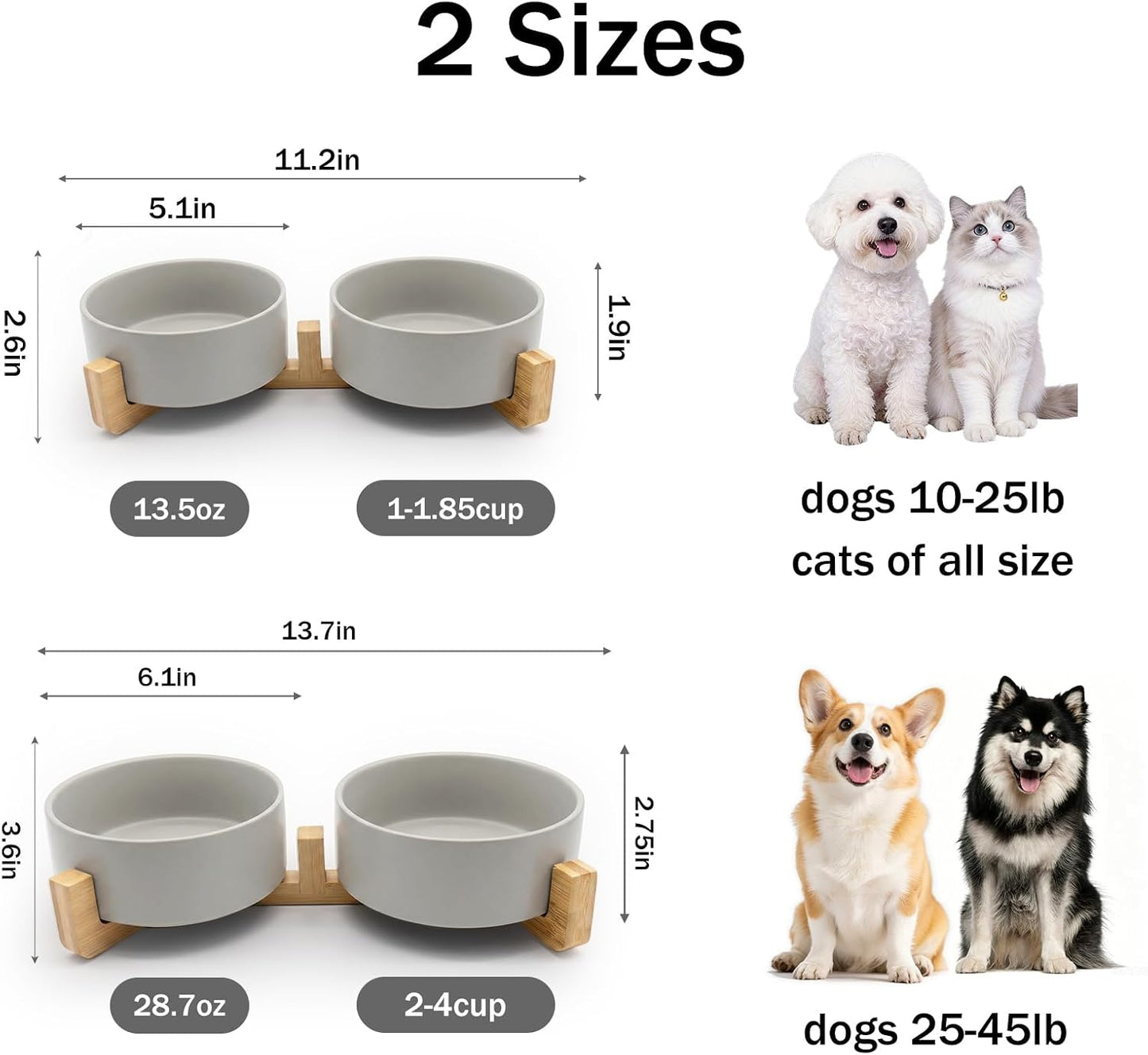 Ceramic Dog and Cat Bowls with Stand, 2-Pack Food and Water Bowl Set - Non-Slip Pet Bowls for Cats,Puppies and Small Dogs, 13.5Oz（Grey）