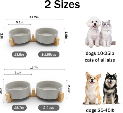 Ceramic Dog and Cat Bowls with Stand, 2-Pack Food and Water Bowl Set - Non-Slip Pet Bowls for Cats,Puppies and Small Dogs, 13.5Oz（Grey）