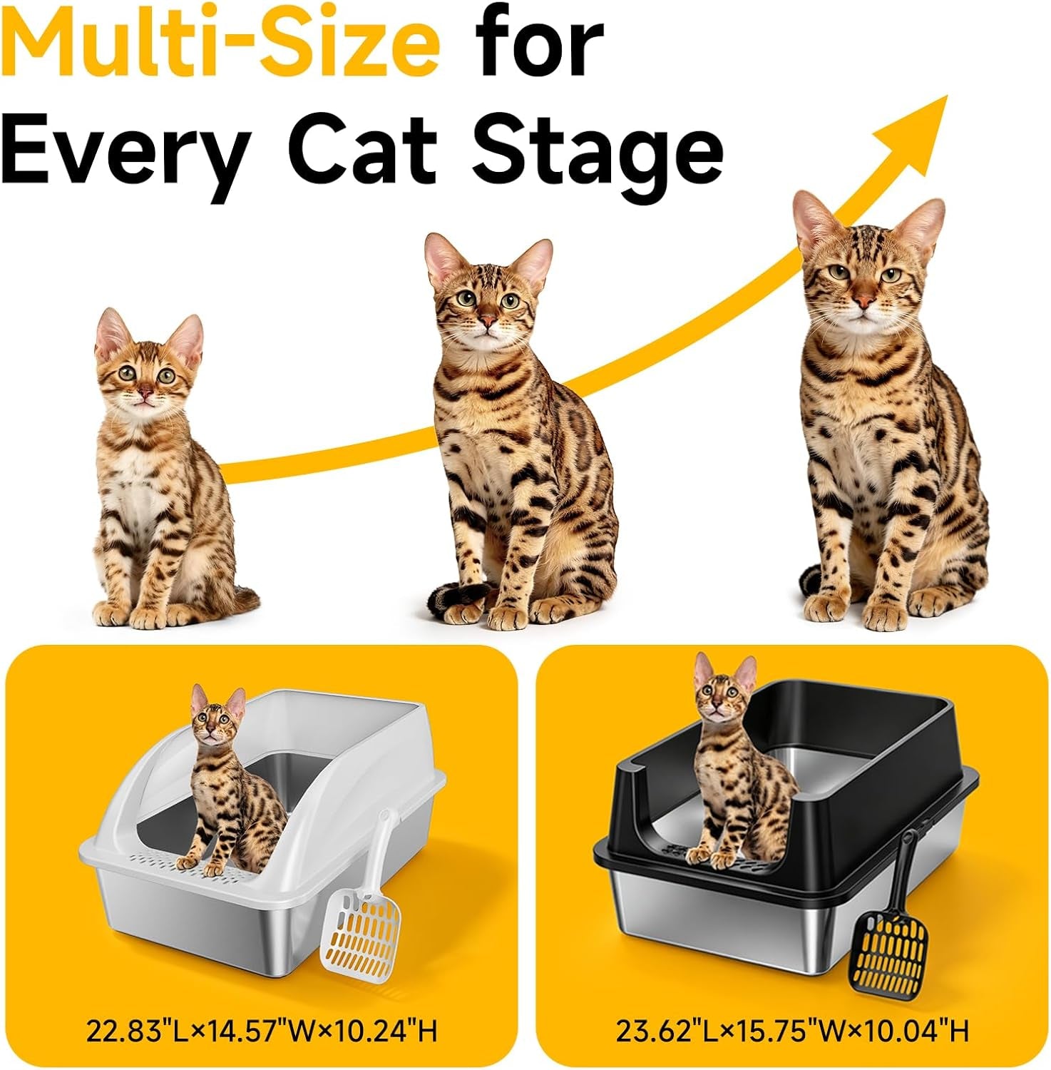 XL Open Top Stainless Steel Litter Box with High Sides,Light Gray