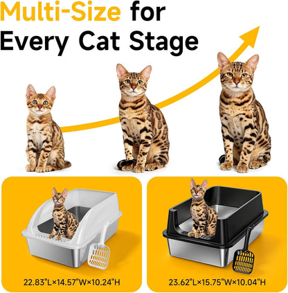 XL Open Top Stainless Steel Litter Box with High Sides,Light Gray