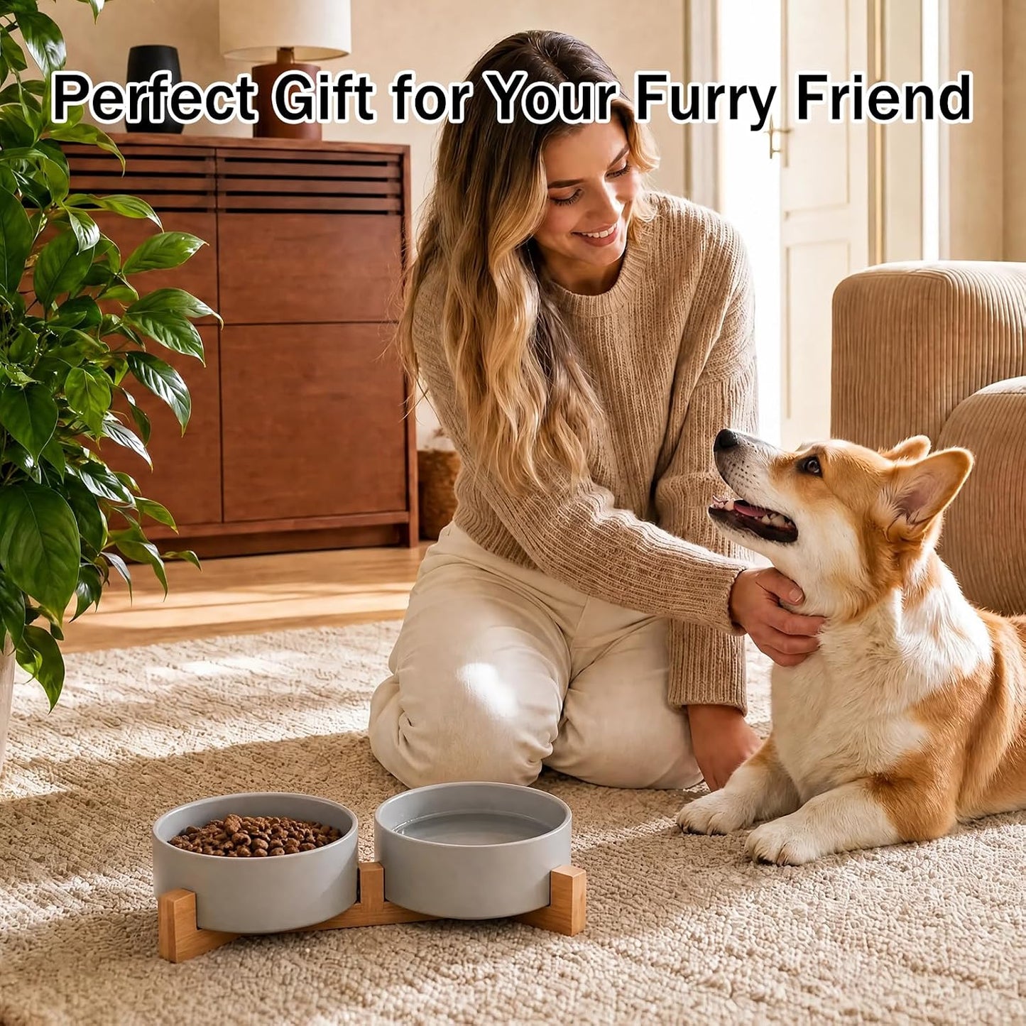 Ceramic Dog and Cat Bowls with Stand, 2-Pack Food and Water Bowl Set - Non-Slip Pet Bowls for Cats,Puppies and Small Dogs, 13.5Oz（Grey）