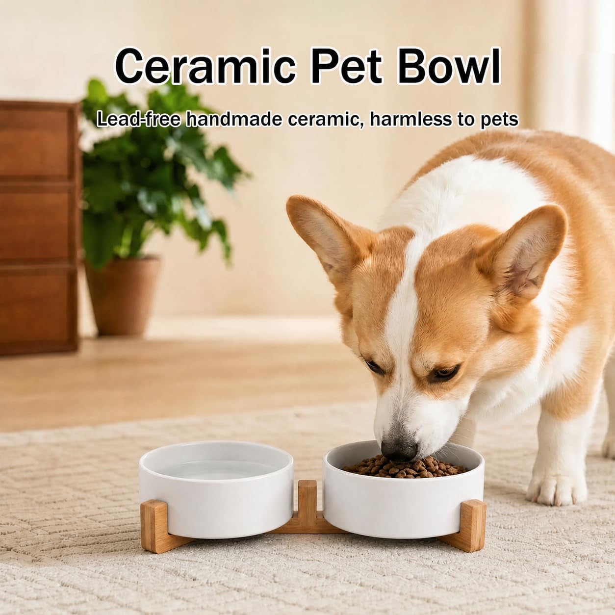Ceramic Dog and Cat Bowls with Stand, 2-Pack Food and Water Bowl Set - Non-Slip Pet Bowls for Cats,Puppies and Small Dogs, 13.5Oz（White）