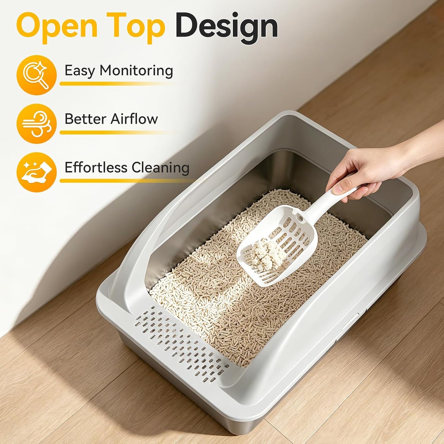 XL Open Top Stainless Steel Litter Box with High Sides,Light Gray
