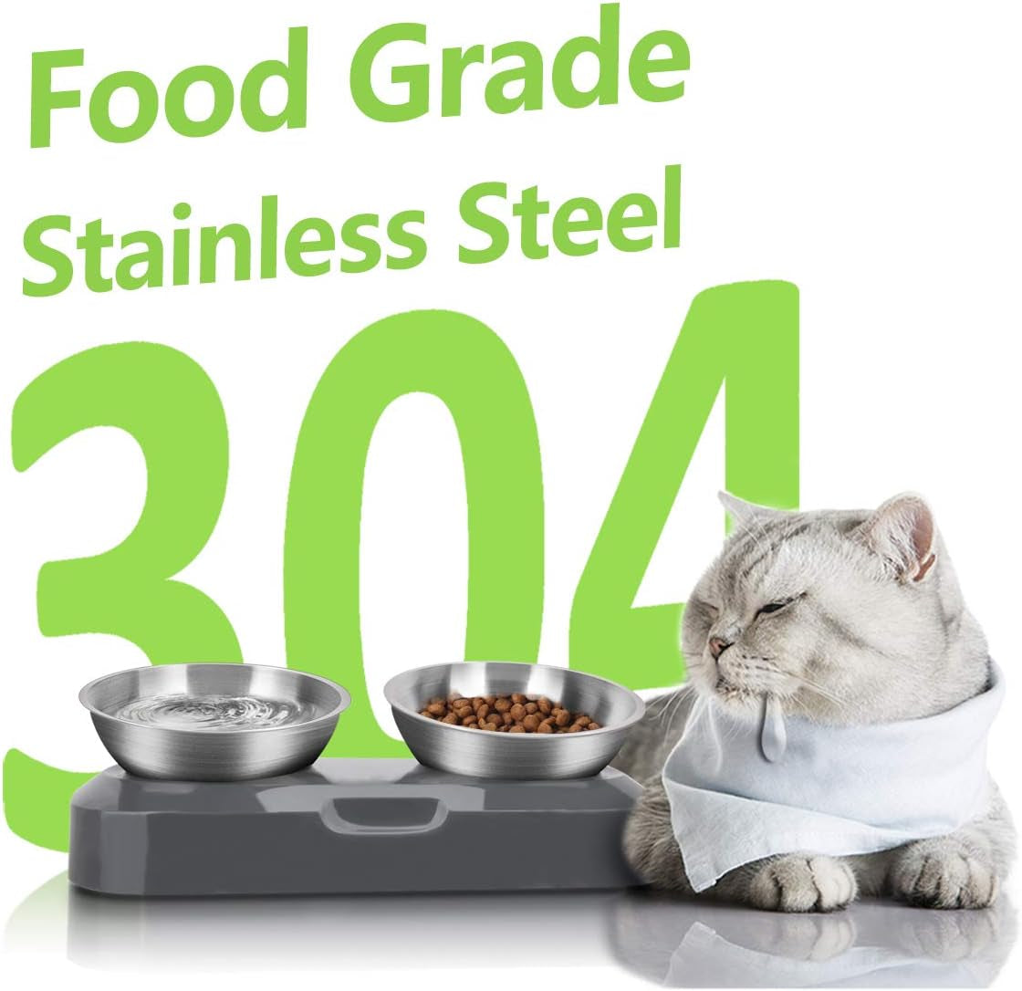 Raised Cat Food Bowl Stainless Steel 15 Degree Tilt (Double) | Food-Grade & Durable, Ergonomic Design, Elevated with Stand, Adjustable Degree, for Dry Wet Food Water, Ideal for Small Pets