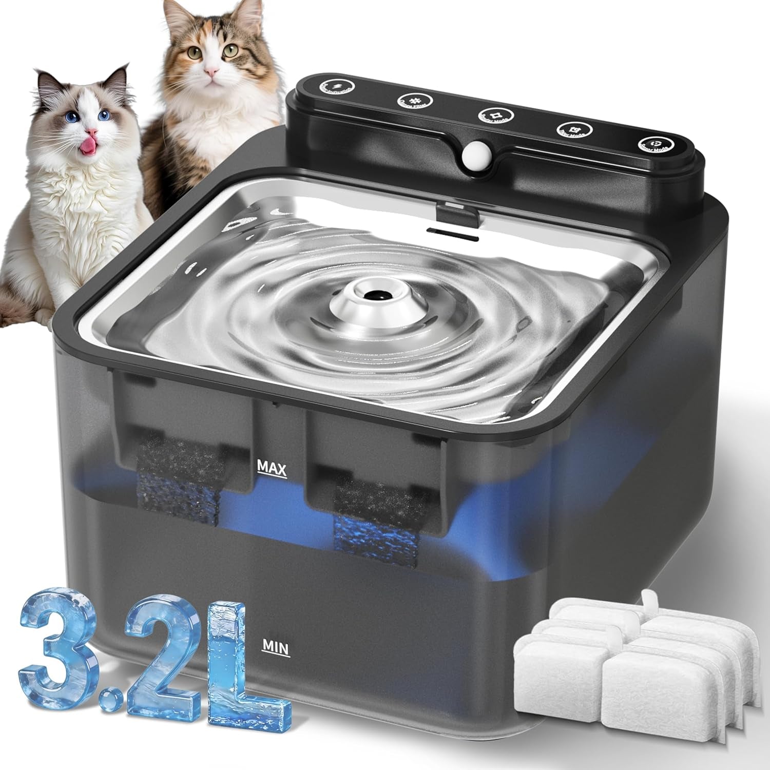 Wireless Cat Water Fountain Battery Operated,108/3.2L Large Capacity | 3 Filters Packs|4 Modes|Stainless Steel Trays|Bpa Free|For Cats,Dogs|Indoor|Semi-Transparent Water Tank|4000Mah|Cubic Design|