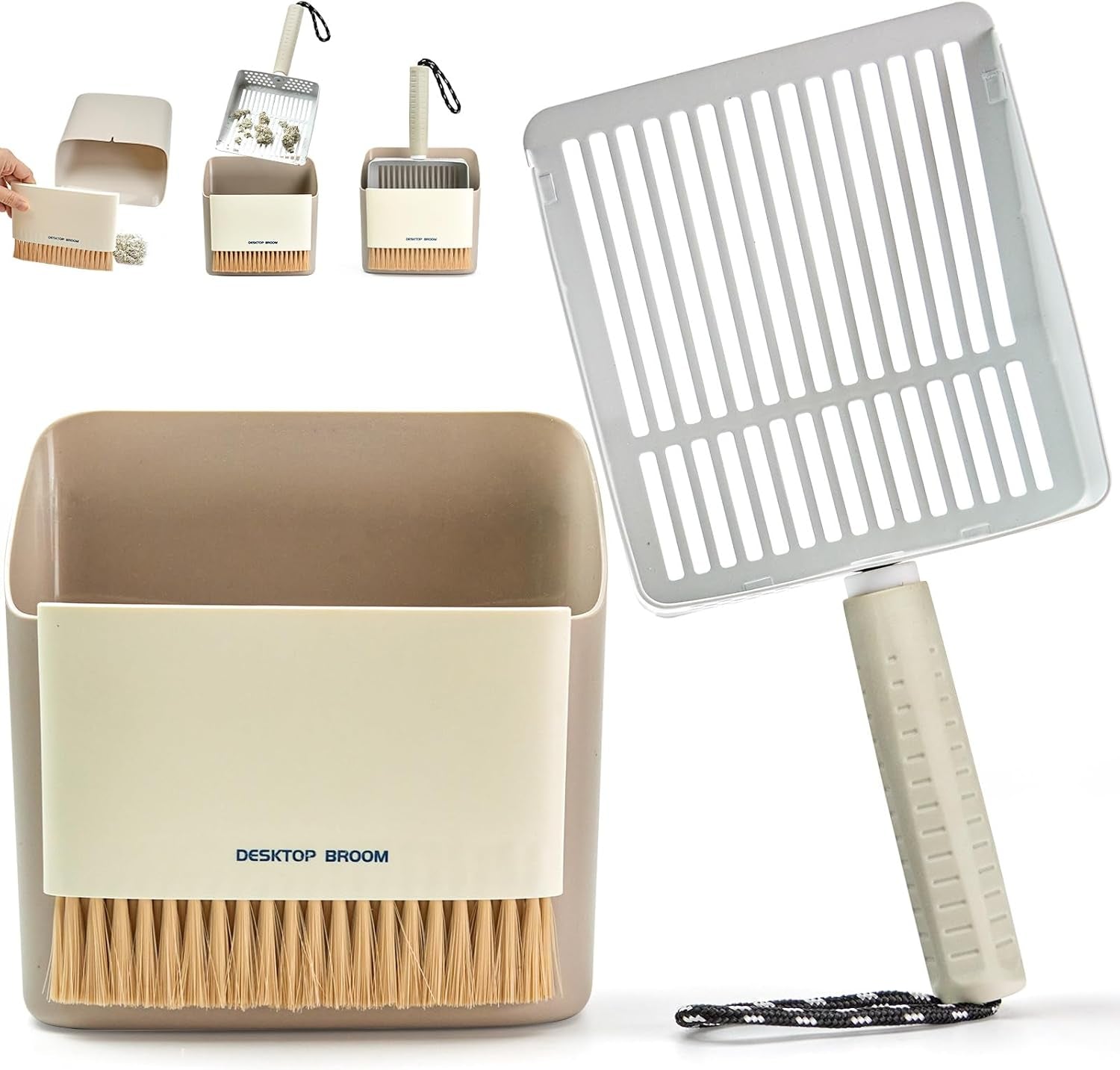 Metal Cat Litter Scooper with Holder, Stainless Steel Metal Litter Scoop Includes Portable Small Broom and Dustpan Set, Speed Sifter Cat Litter Scoop Captures All Clumps, Non-Slip Handle, Easy Clean