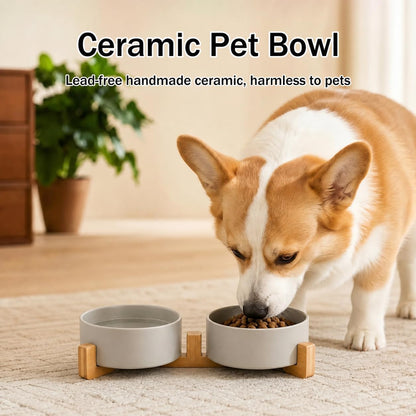 Ceramic Dog and Cat Bowls with Stand, 2-Pack Food and Water Bowl Set - Non-Slip Pet Bowls for Cats,Puppies and Small Dogs, 13.5Oz（Grey）