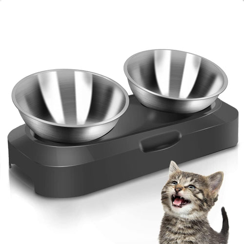 Raised Cat Food Bowl Stainless Steel 15 Degree Tilt (Double) | Food-Grade & Durable, Ergonomic Design, Elevated with Stand, Adjustable Degree, for Dry Wet Food Water, Ideal for Small Pets